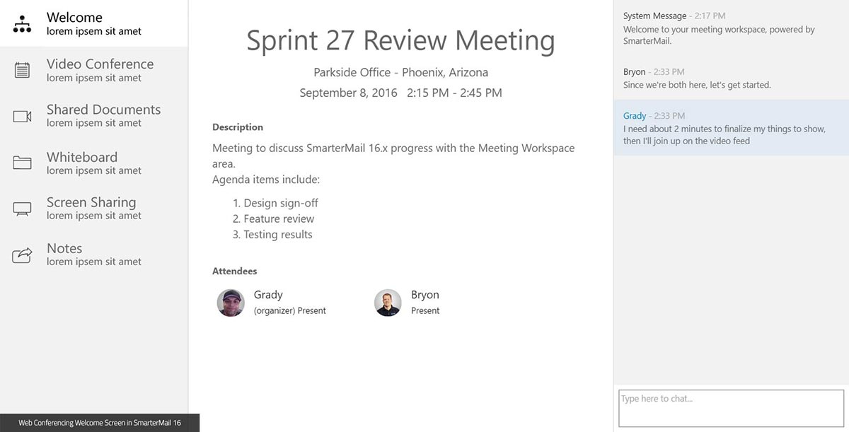 Mockup of Web Conferencing Welcome Page in SmarterMail 16
