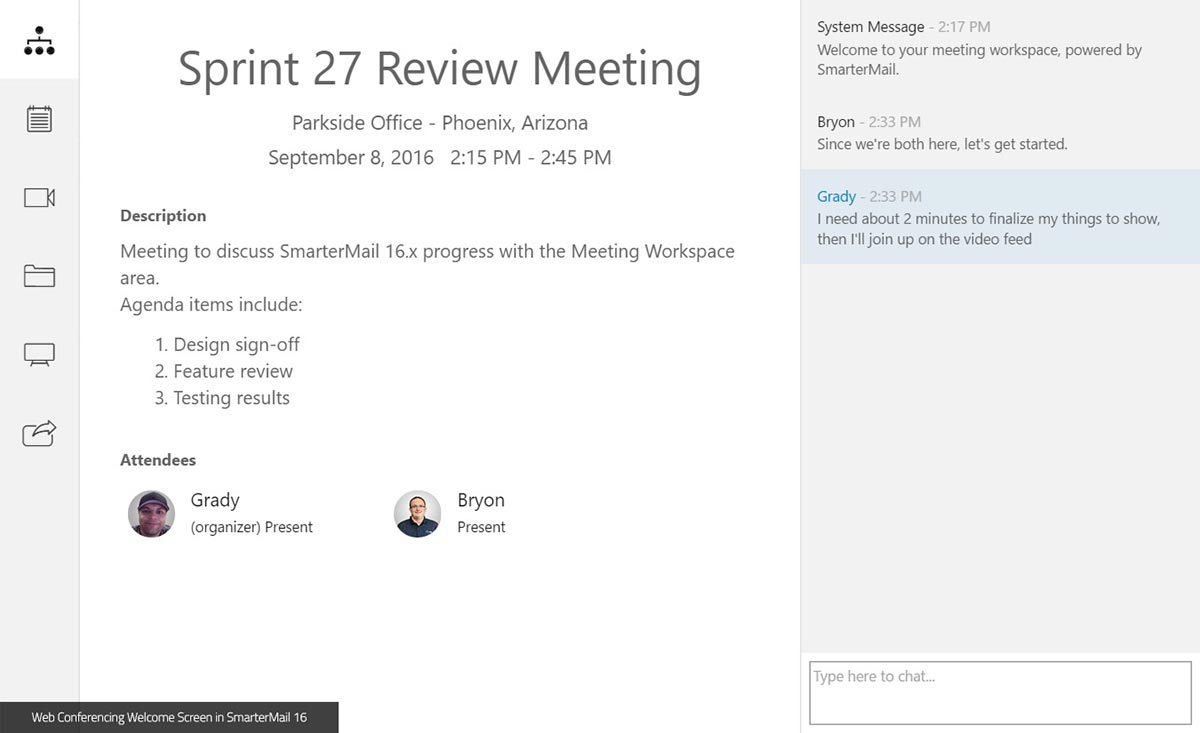 Mockup of Web Conferencing Welcome Page in SmarterMail 16