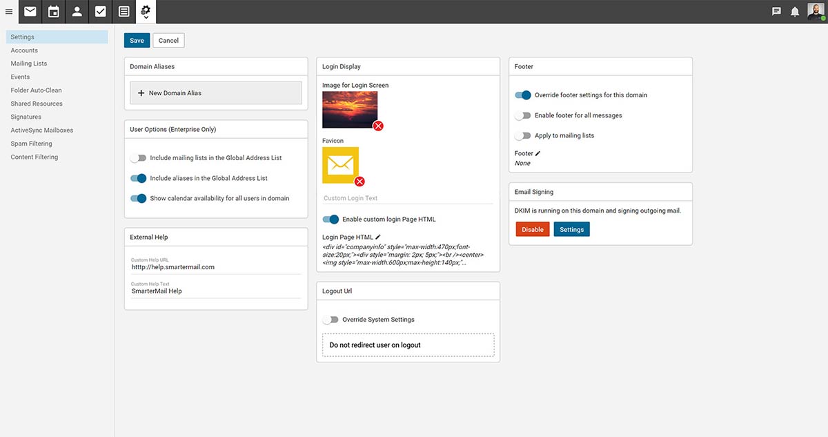 SmarterMail domain settings