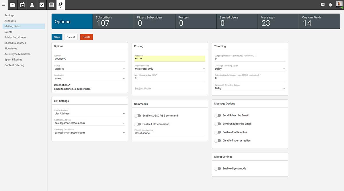 SmarterMail mailing list controls