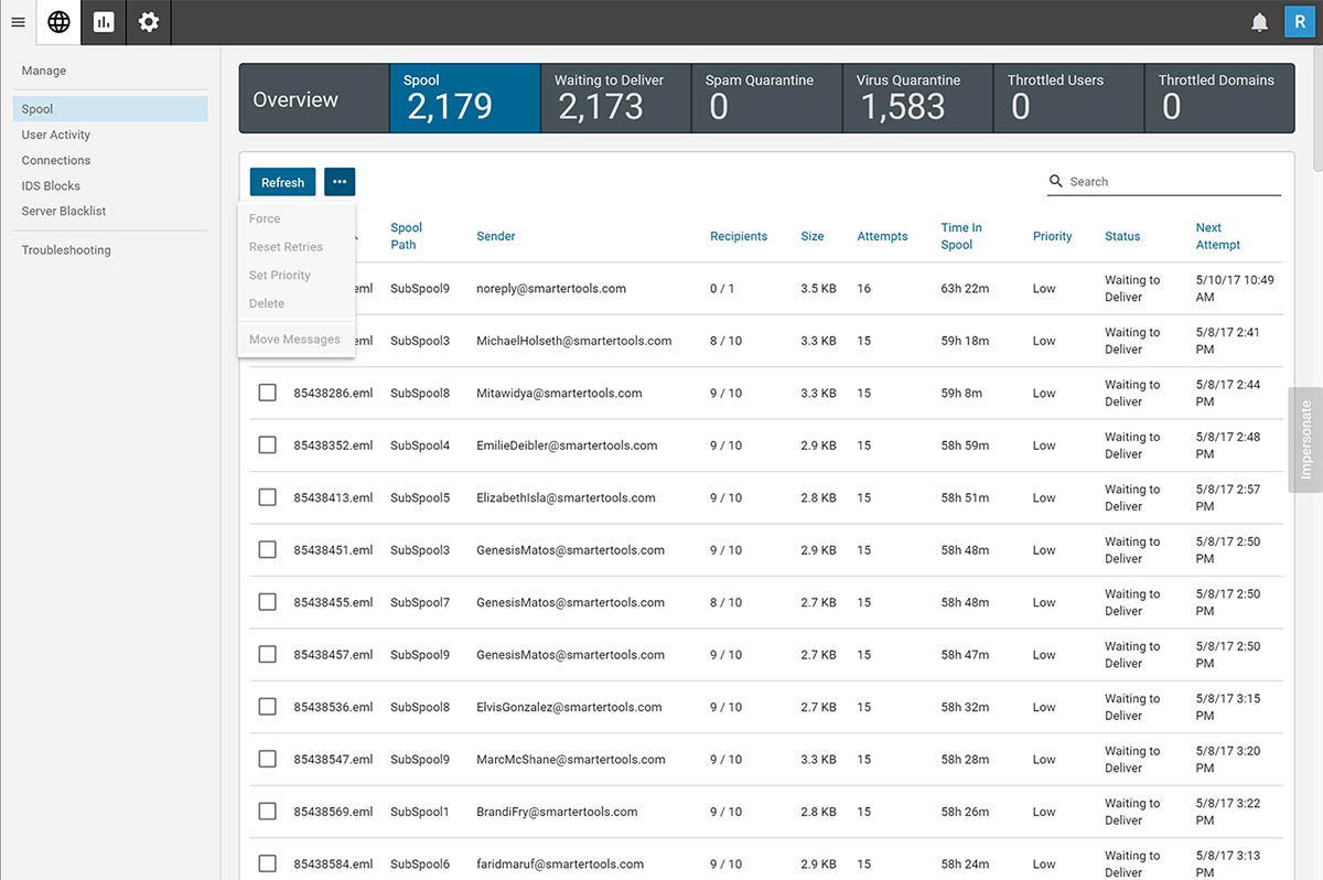 SmarterMail spool management