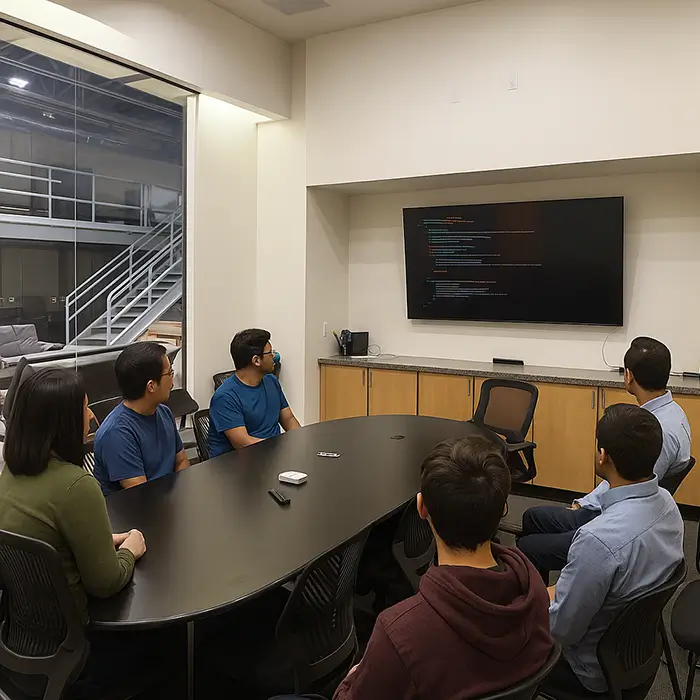 SmarterTools development team in conference room reviewing code on a large wall-mounted screen