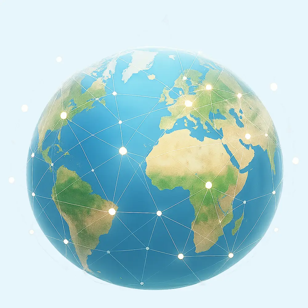 Illustrated globe with network nodes representing SmarterTools’ global presence and connectivity