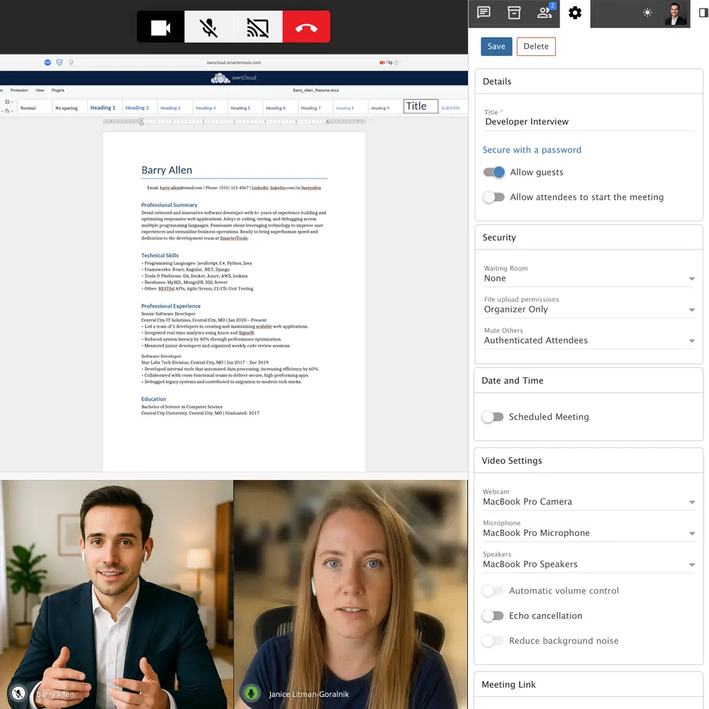 Virtual developer interview with resume review and video call between hiring manager and job candidate