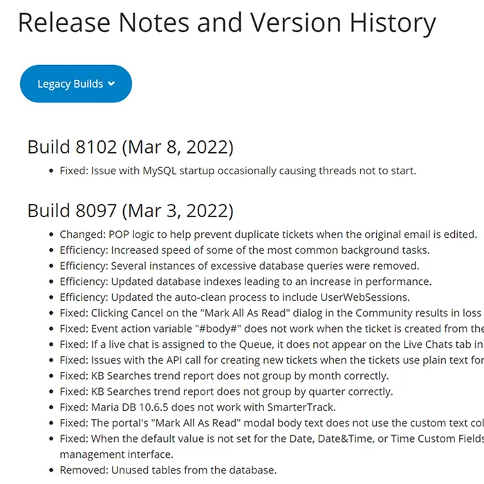 SmarterTrack release notes and version history with detailed changelog for software builds