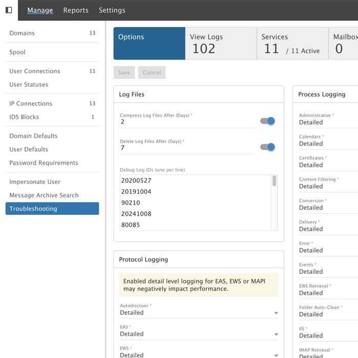 SmarterMail logging settings interface with detailed protocol and process logging options for administrators