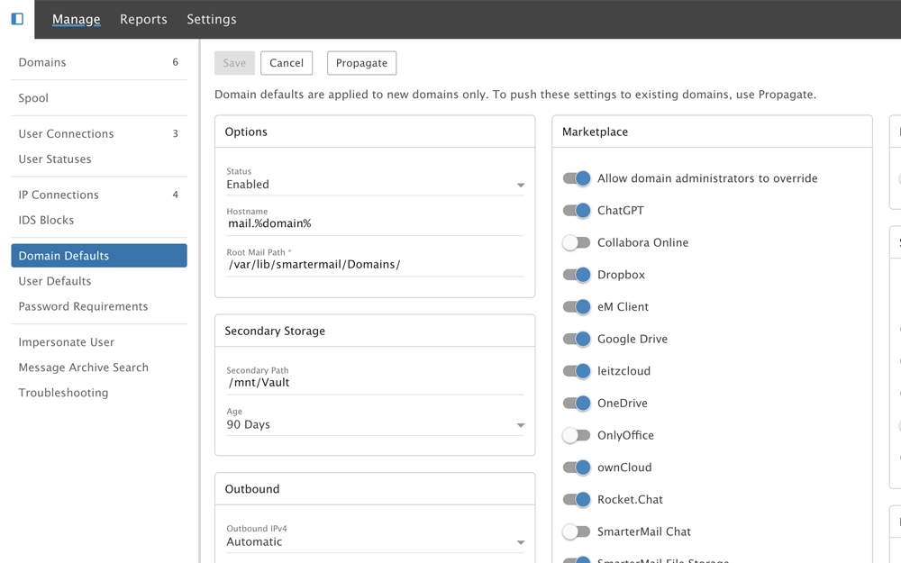 Set default domain and user settings in SmarterMail for new domains and users.