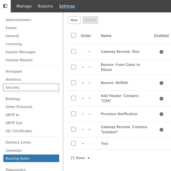 SmarterMail routing rules, or content filters at the system level.