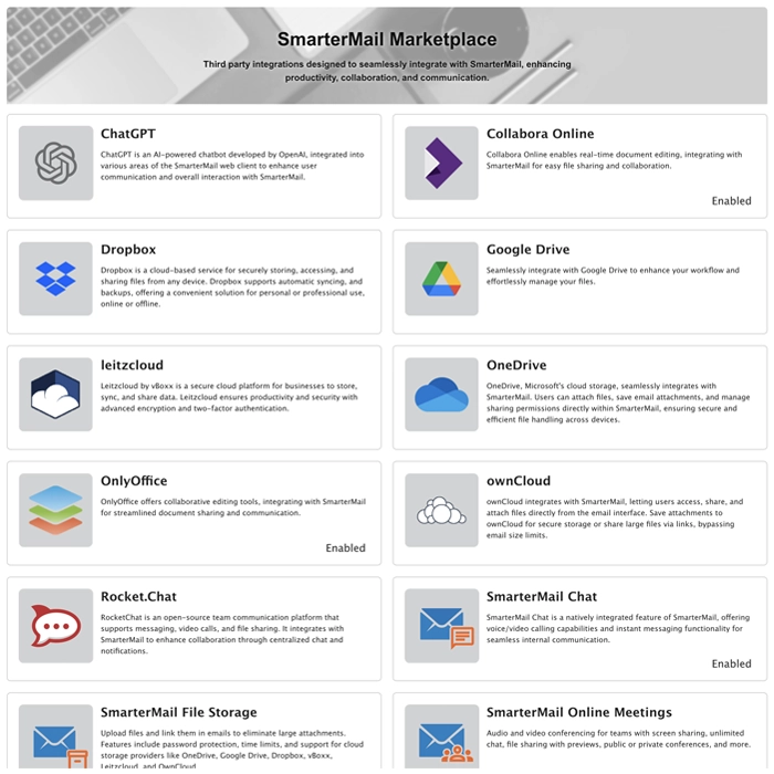 The SmarterMail Marketplace is just one item that can be managed by system or domain 
                         administrators.