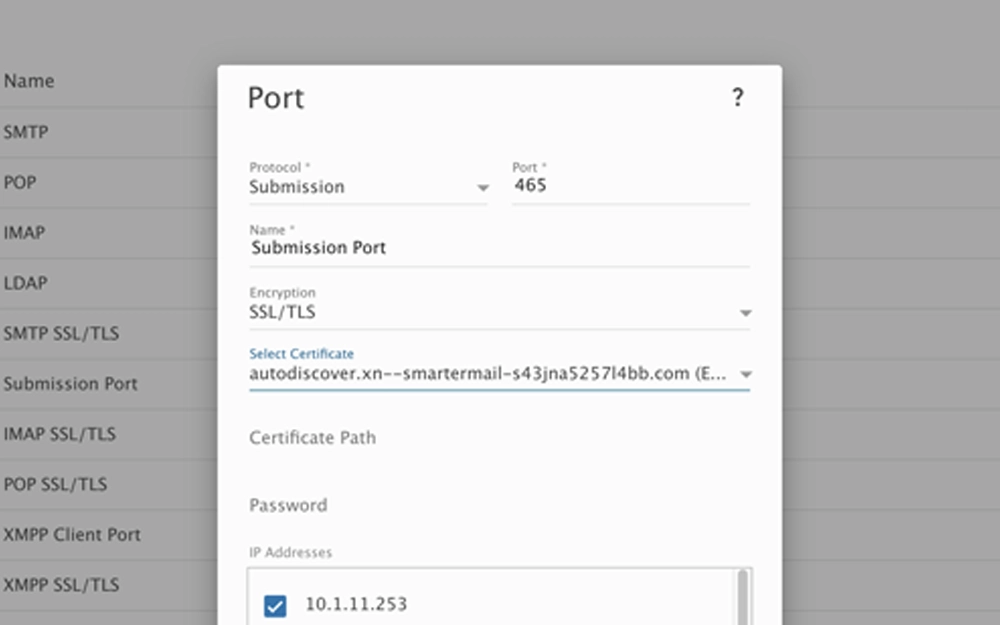 SmarterMail volume mount configuration interface with disabled mount paths listed for email storage management.