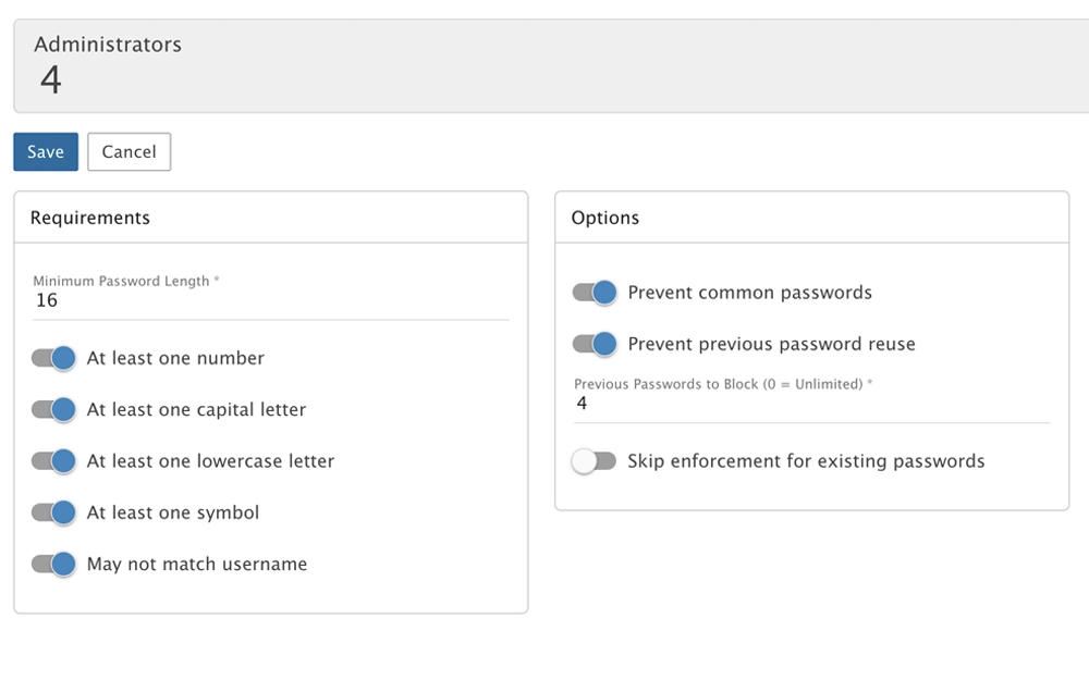 Password policy settings in SmarterMail showing complexity requirements and expiration controls.