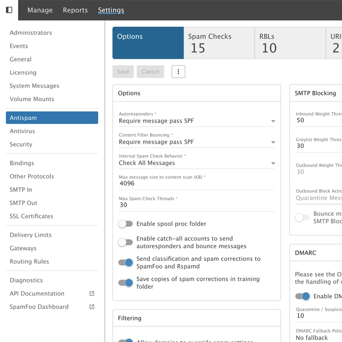 Full SmarterMail antispam dashboard with advanced filtering, trusted senders, greylisting, and spam scoring options