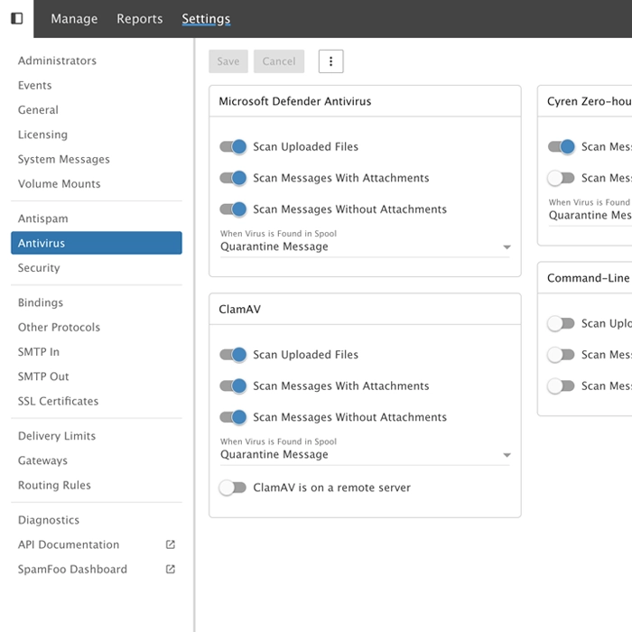 SmarterMail antivirus configuration interface showing support for ClamAV and command-line antivirus with scan options