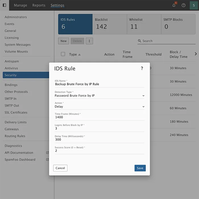 SmarterMail password security settings with configurable options for complexity, common password prevention, and expiration policies