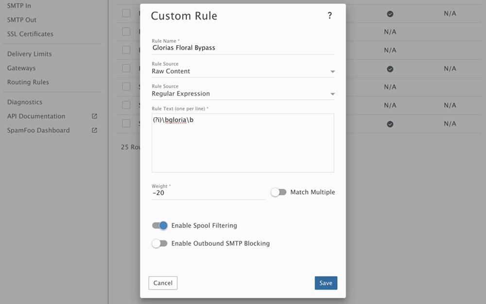 SmarterMail antispam settings showing RBLs, URIBLs, and filtering options with real-time blacklist services