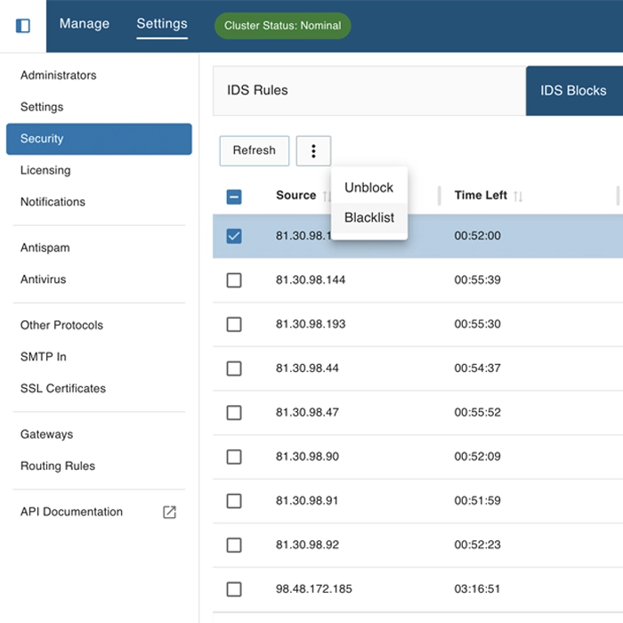 SmarterMail IDS Blocks tab showing Actions available