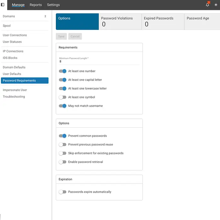 SmarterMail password security settings with configurable options for complexity, common password prevention, and expiration policies