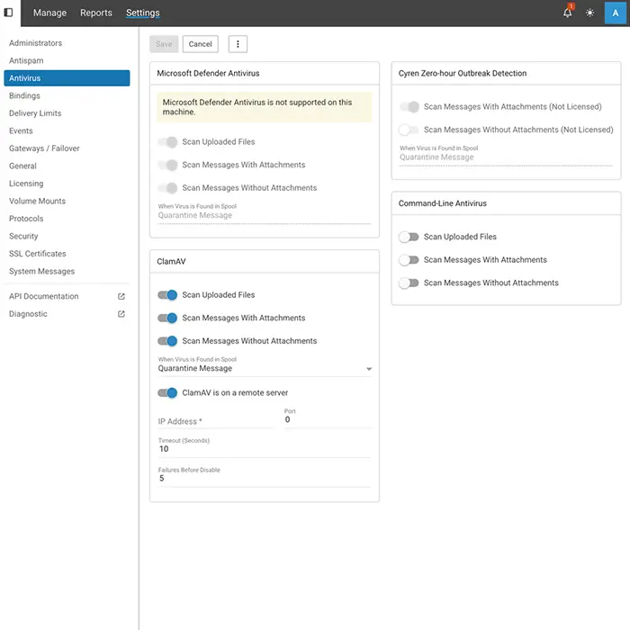 SmarterMail antivirus configuration interface showing support for ClamAV and command-line antivirus with scan options