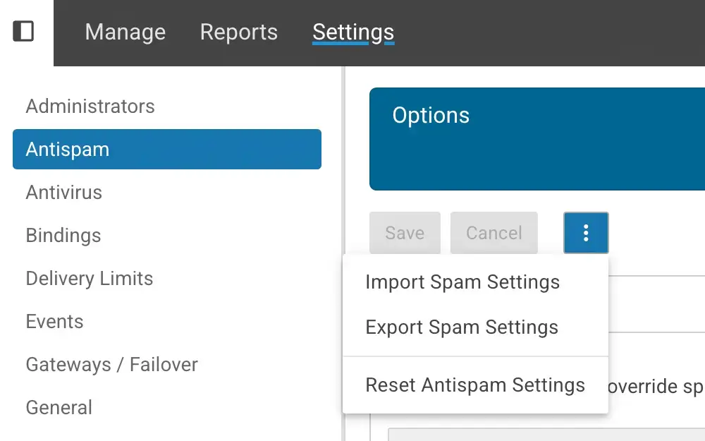 SmarterMail antispam options dropdown menu allowing import, export, and reset of spam filter configurations