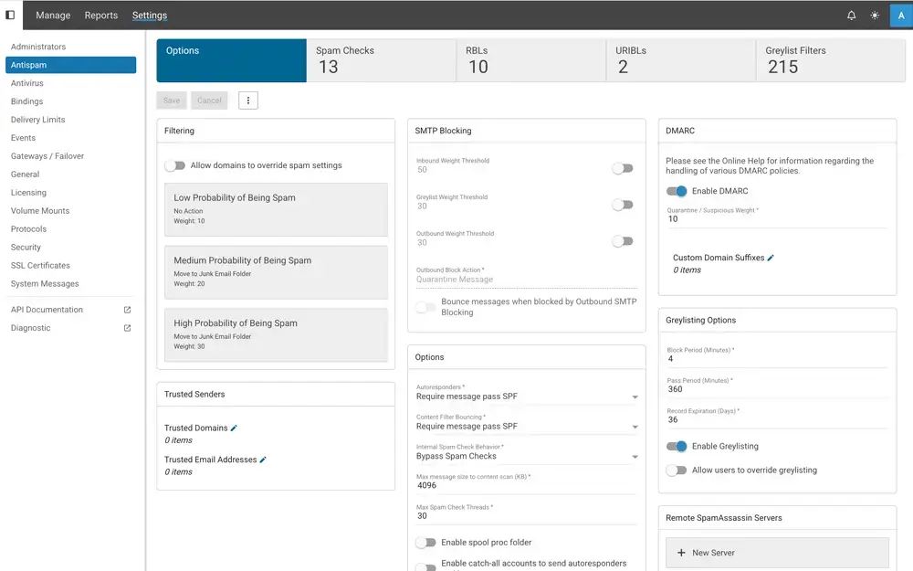 SmarterMail antispam filtering dashboard with probability-based junk email settings, SPF checks, and DMARC enforcement