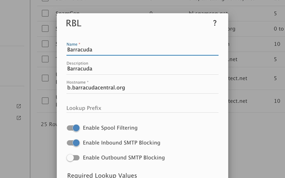 SmarterMail antispam filtering dashboard with probability-based junk email settings, SPF checks, and DMARC enforcement