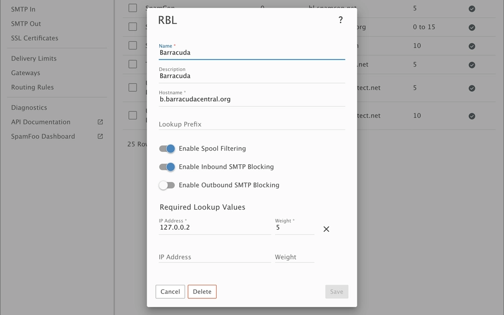 SmarterMail antispam filtering dashboard with probability-based junk email settings, SPF checks, and DMARC enforcement