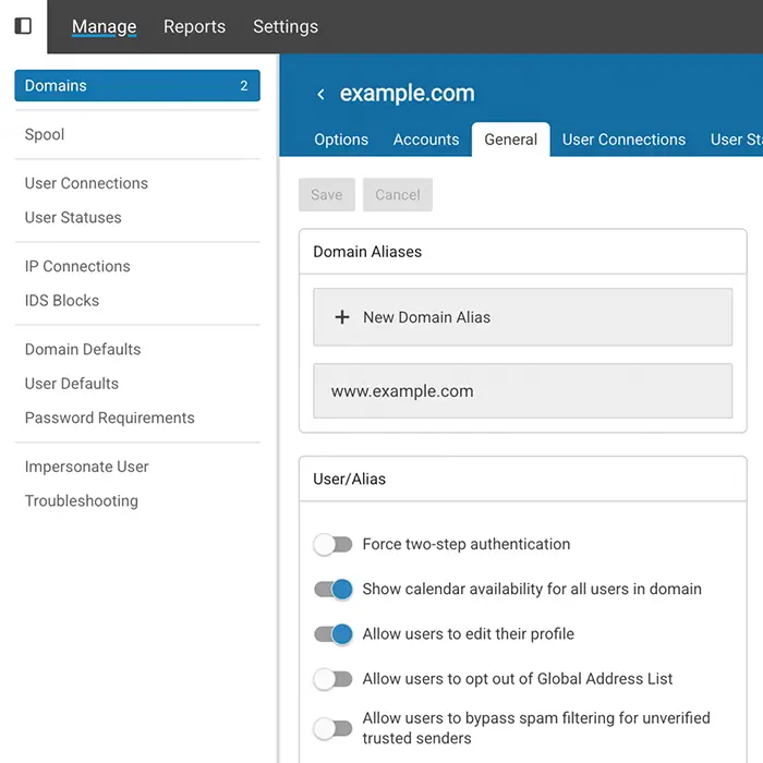 SmarterMail’s modern web-based admin panel with easy navigation and system controls