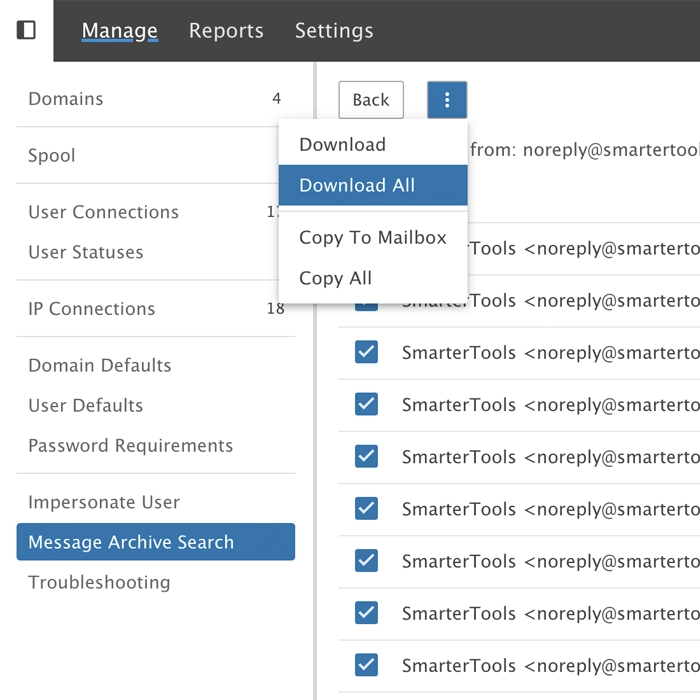 Message archive search results can be downloaded or copied to a mailbox.