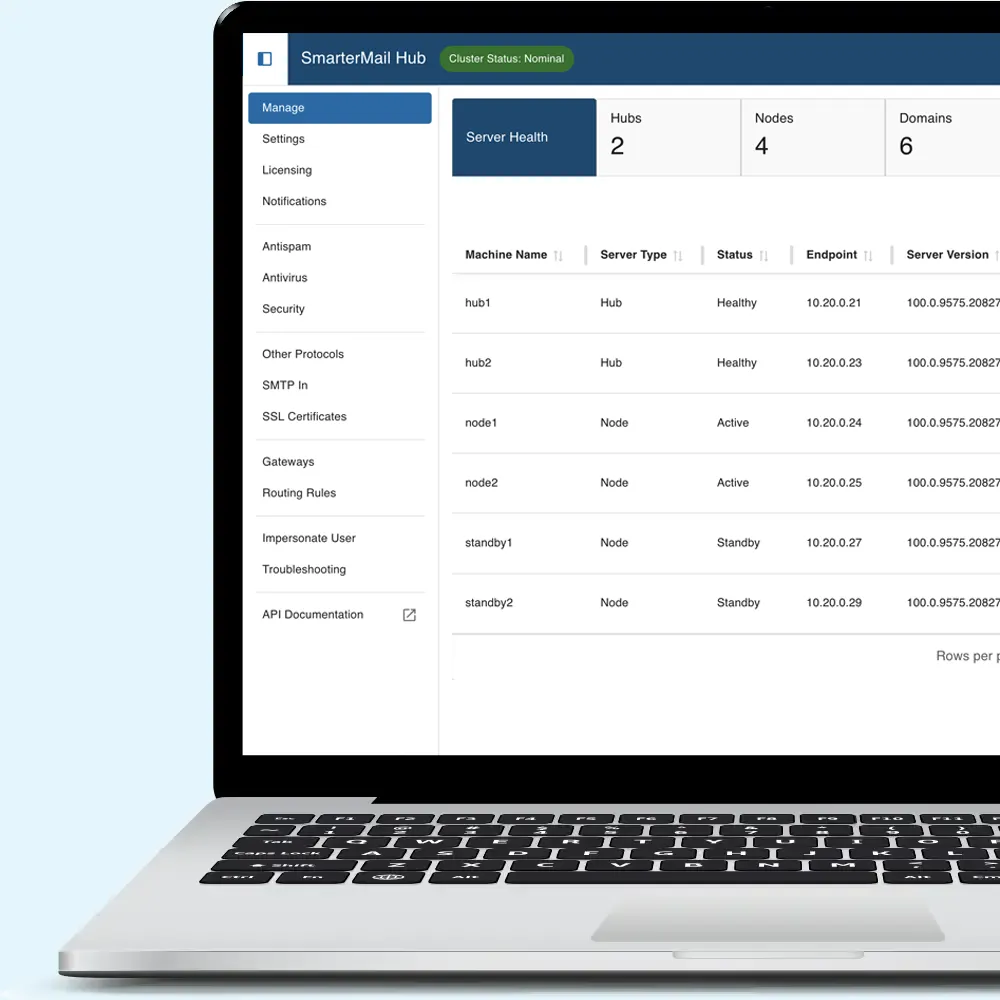 Stack of network servers and hardware components representing SmarterMail High Availability with online and offline indicators