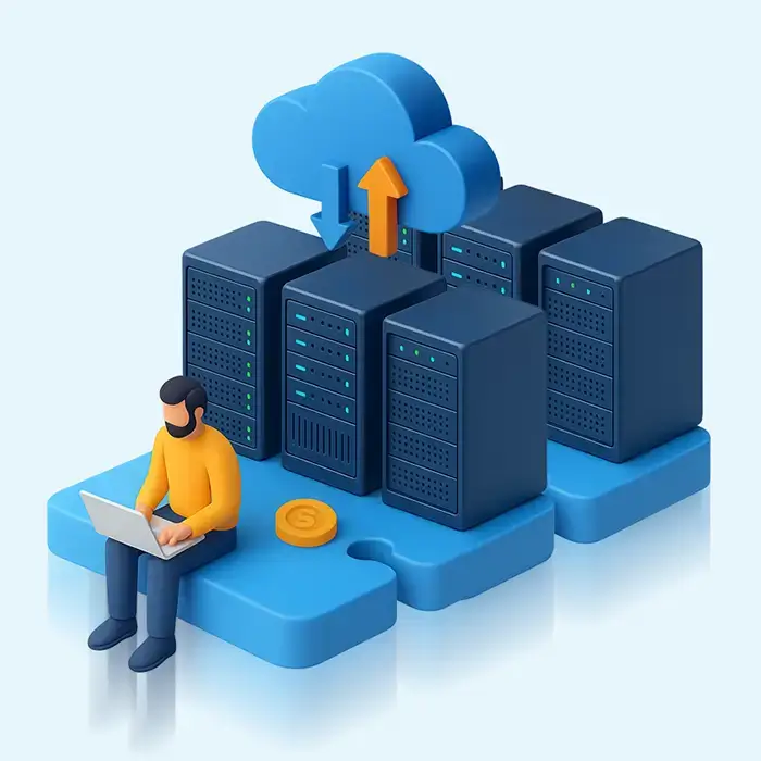 A man on a blue puzzle piece using a laptop next to six cloud-linked server towers with up/down arrows and a coin.