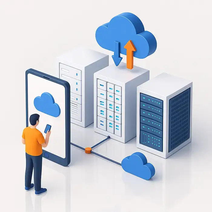 User with smartphone, tablet displaying cloud, connected server racks, and a cloud icon with up/down arrows.