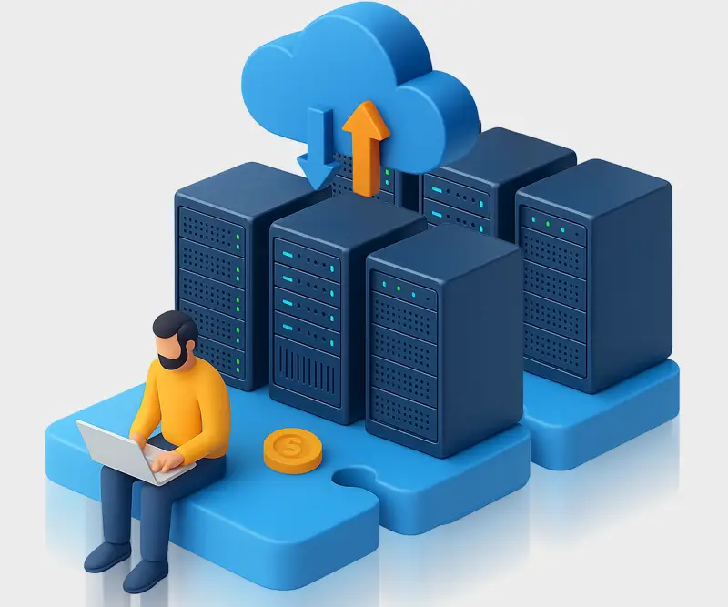 A man on a blue puzzle piece using a laptop next to six cloud-linked server towers with up/down arrows and a coin.