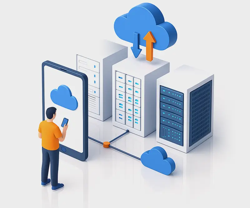 User with smartphone, tablet displaying cloud, connected server racks, and a cloud icon with up/down arrows.