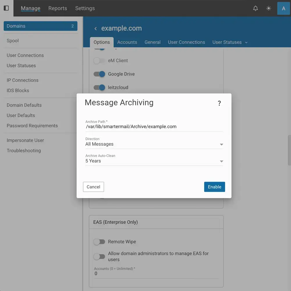 SmarterMail interface for email compliance tools including archiving, retention, and policy enforcement