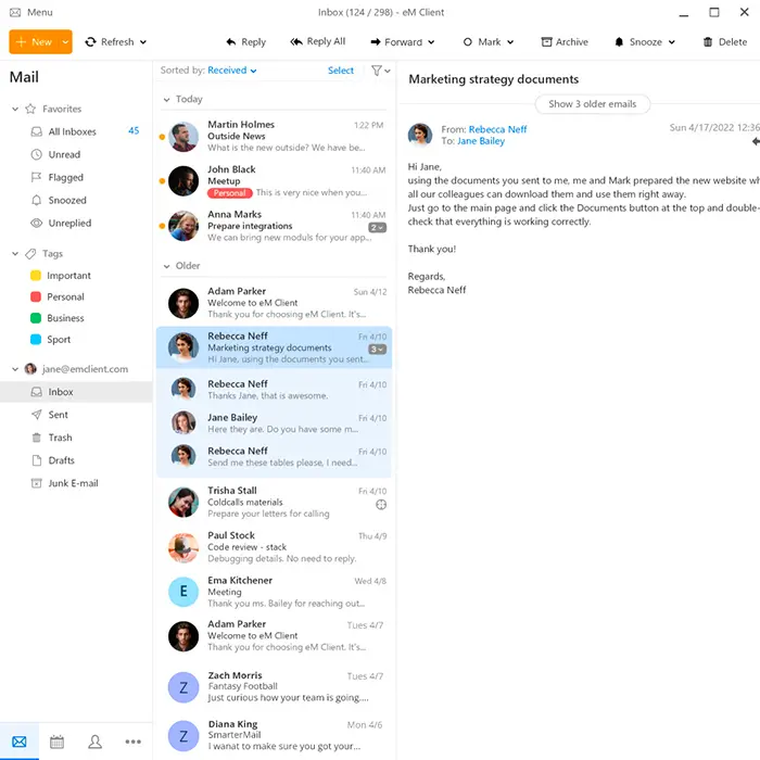 eM Client inbox interface displaying categorized emails and message details in a professional email client view