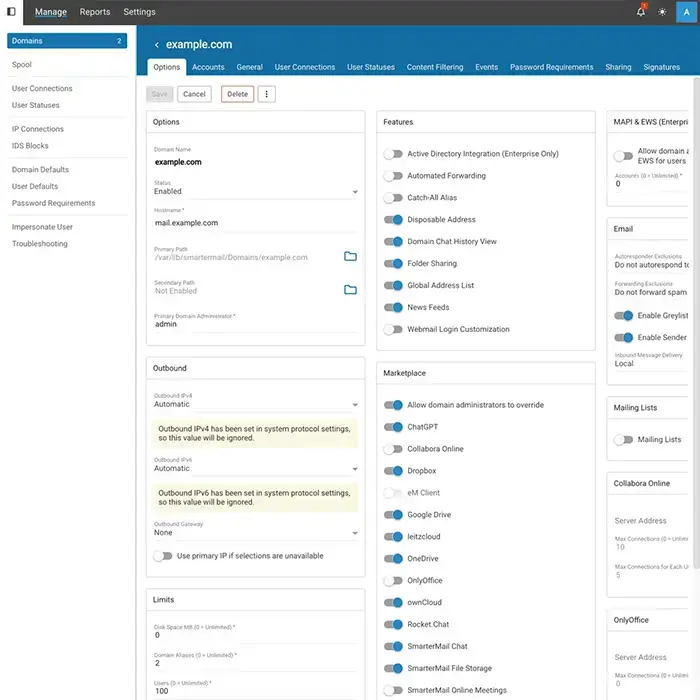 SmarterMail domain settings interface showcasing customizable admin options and integrated marketplace app management