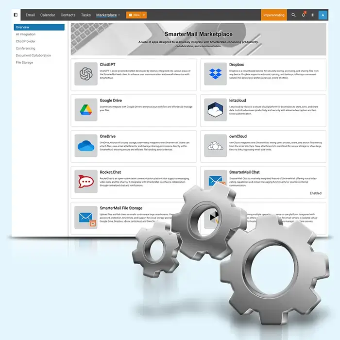 SmarterMail Marketplace screen showing enabled integrations surrounded by app icons for document and chat tools
