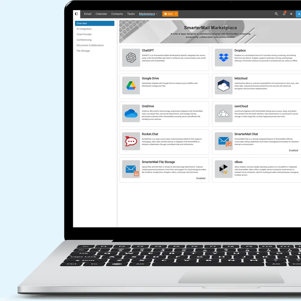 SmarterMail Marketplace dashboard showing integrations with popular productivity and cloud apps.