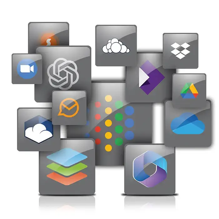 Array of SmarterMail Marketplace integration icons including ChatGPT, Google Drive, and Microsoft 365 on reflective backgrounds