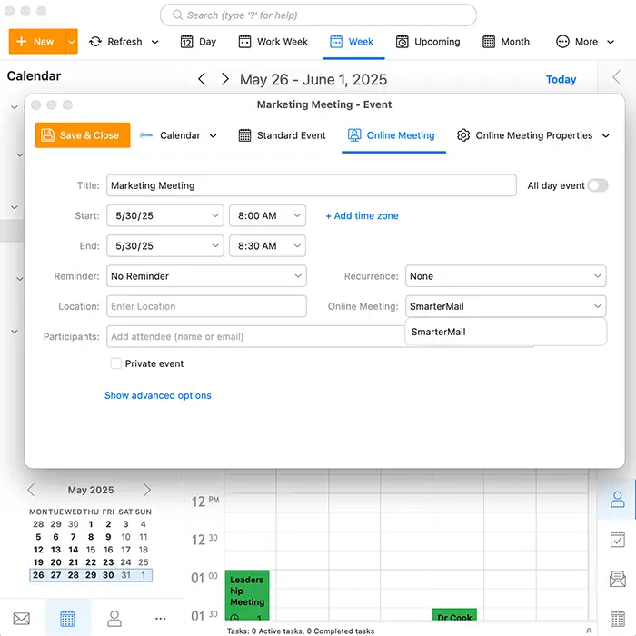 Creating an online meeting event in eM Client with calendar integration, time zone settings, and participant management