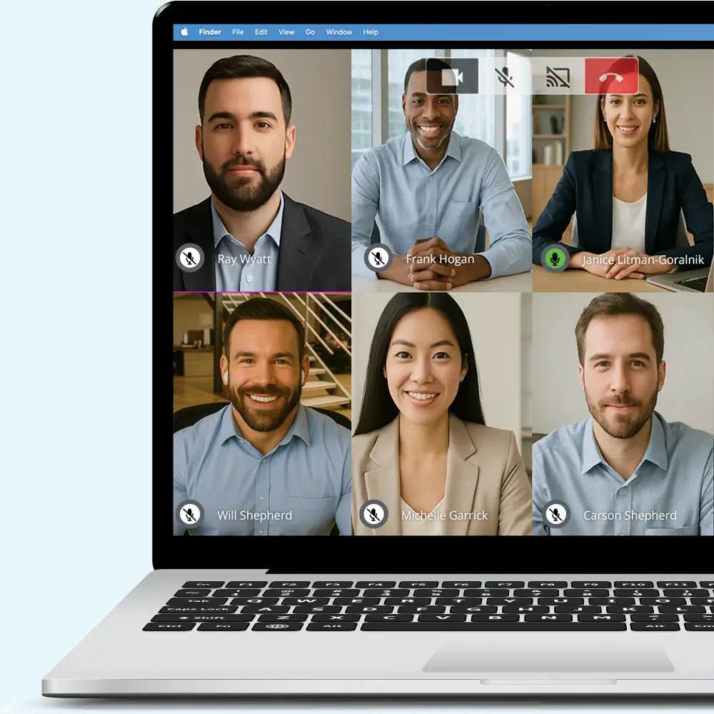 SmarterMail online meeting displayed on large conference room screen with remote and in-room participants collaborating