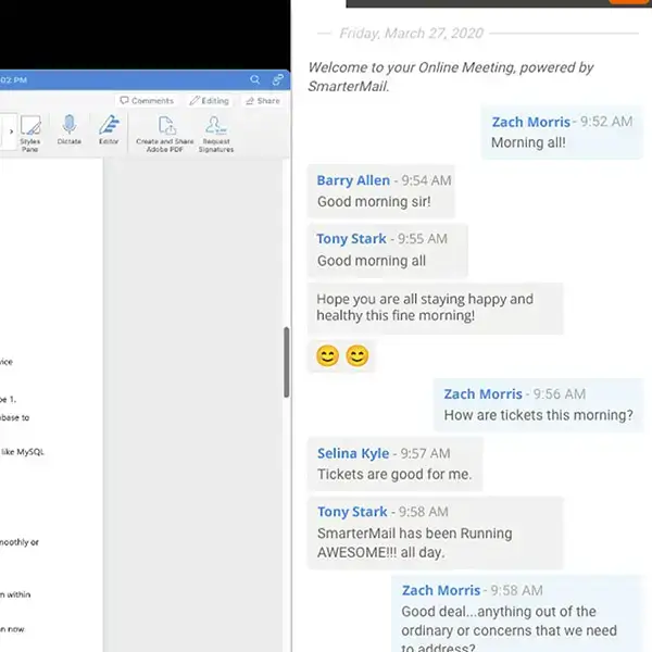Split-screen view of SmarterMail online meeting showing live chat between attendees and a shared document