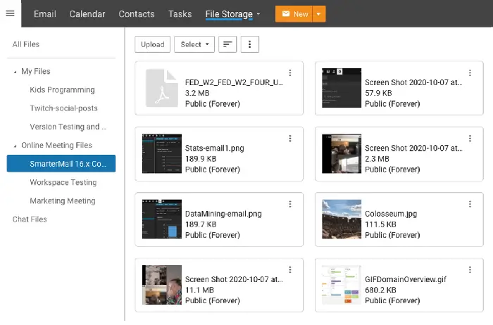 SmarterMail online meeting file storage interface showing organized folders and uploaded shared documents