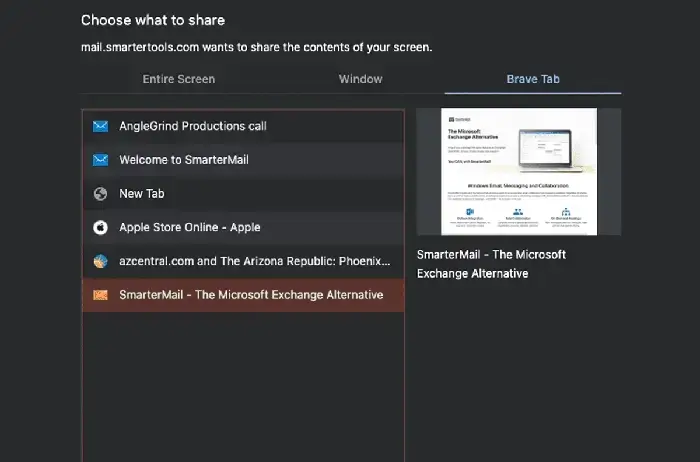 SmarterMail online meeting screen sharing feature allowing users to share browser tabs or full desktop views