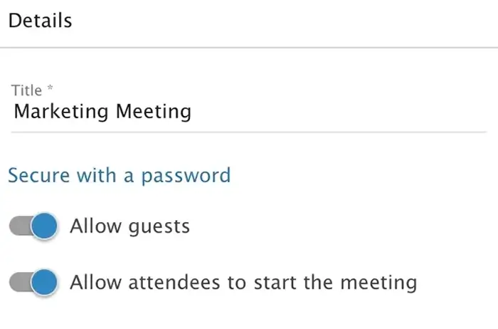 SmarterMail meeting settings interface with guest access, password protection, and attendee controls enabled