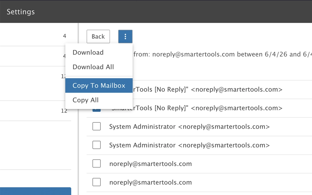 SmarterMail actions available when performing a search of message archiving.