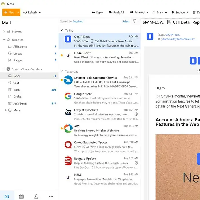SmarterMail webmail client showing modern interface with email folders, preview pane, and cross-platform compatibility