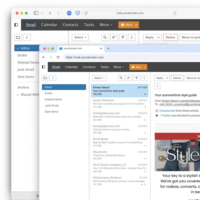 SmarterMail webmail dashboard with multiple browser tabs open displaying email inbox and detailed message view