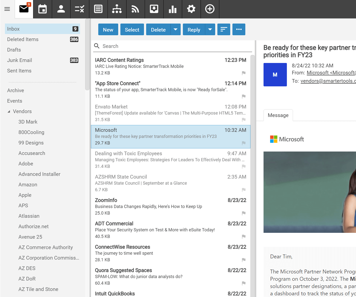 Webmail client inbox