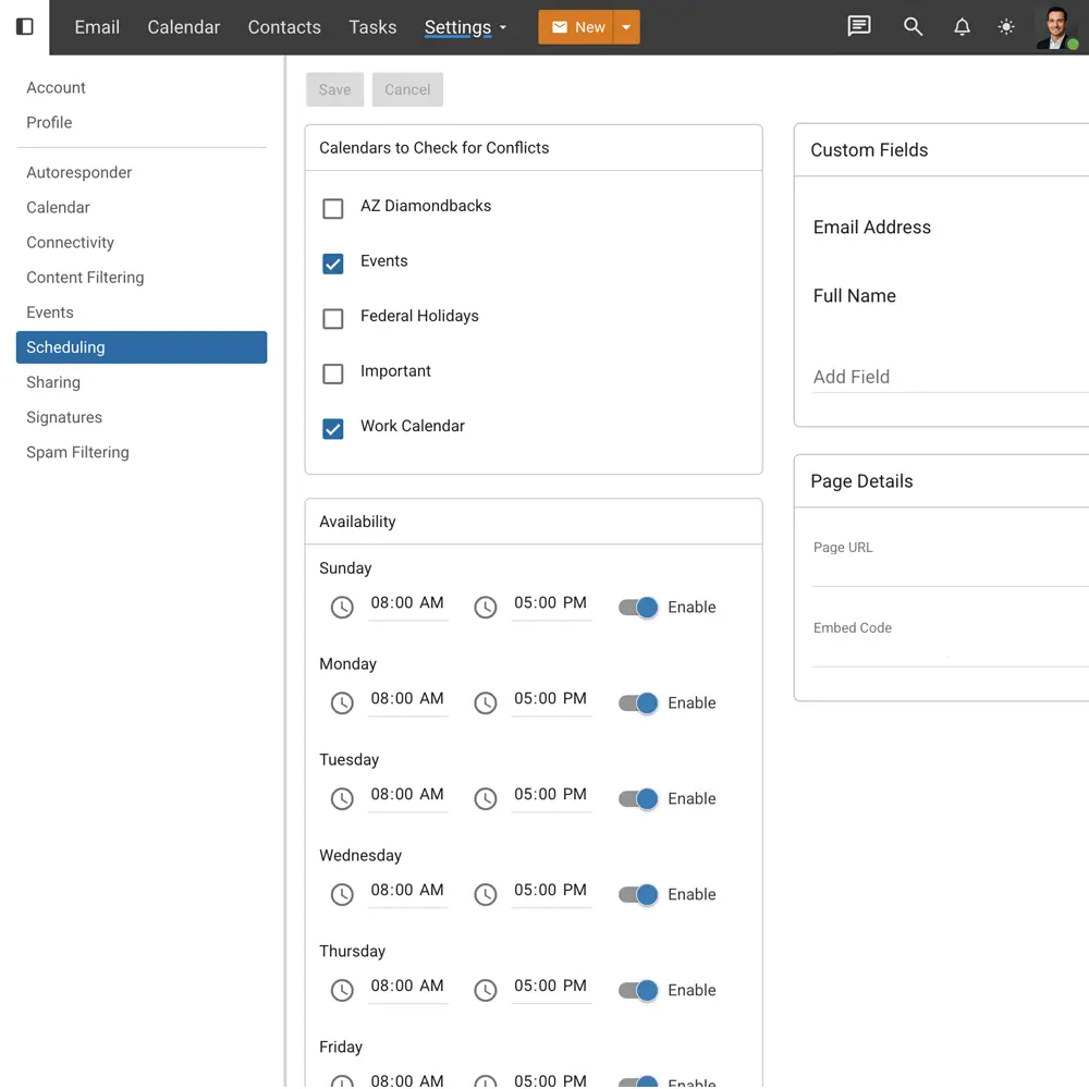SmarterMail scheduling settings with calendar conflict options, custom availability times, and work calendar integration